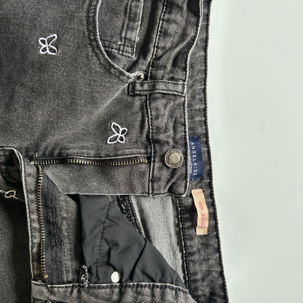 Angel Kiss Black Denim Jeans with White Embroidered Butterflies